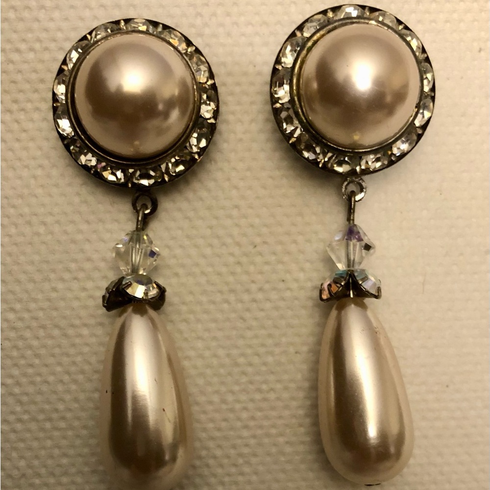 Vintage Teardrop Faux Pearl Stud Earrings w/ clear & multi-colored rhinestones;